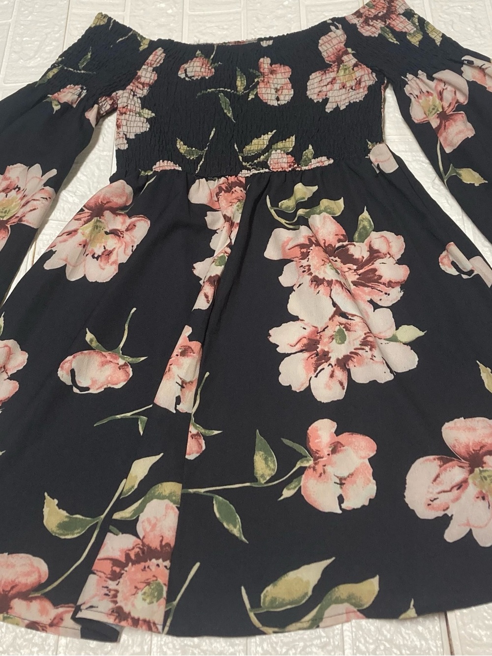 Off-Shoulder Floral Women’s smock Top - Black with Pink Flowers